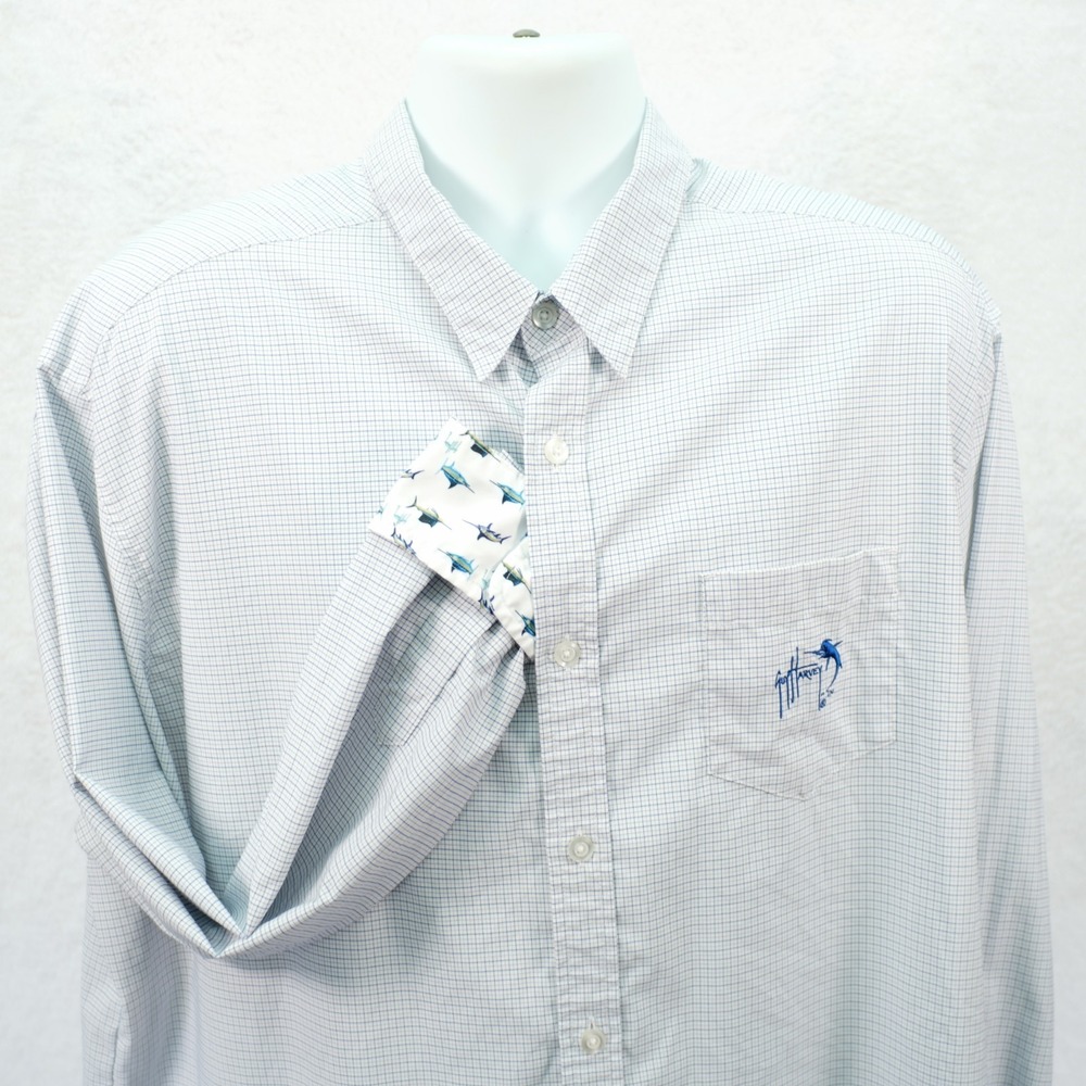 Guy Harvey Men's Blue White Check Flip Cuff -2XL- Collared Dress‎ Shirt Marlin